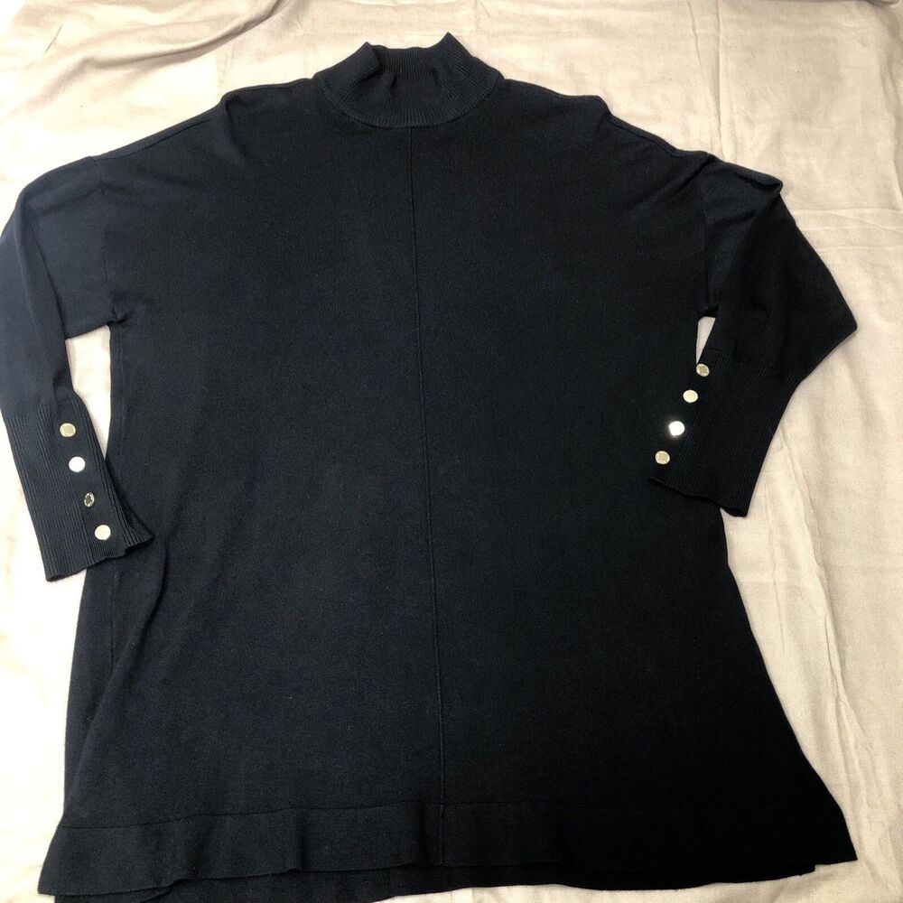Anne Klein Turtleneck Sweater Womens Large Black Button Cuff Classic Tunic EUC